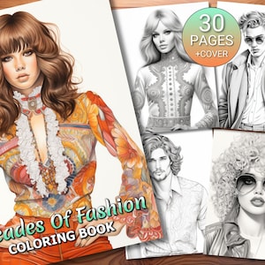 30 Decades Of Fashion Coloring Page Book - Adults + Kids - Instant Download - Grayscale Coloring Page - Printable PDF
