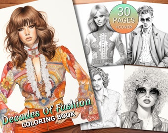 30 Decades Of Fashion Malvorlage - Erwachsene + Kinder - Sofort Download - Graustufen Malseite - Printable PDF