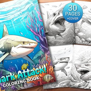 30 Shark Attack! Coloring Page Book - Adults + Kids - Instant Download - Grayscale Coloring Page - Printable PDF