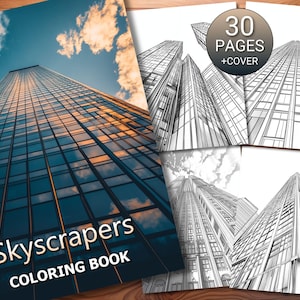 30 Skyscrapers Coloring Page Book - Adults + Kids - Instant Download - Grayscale Coloring Page - Printable PDF