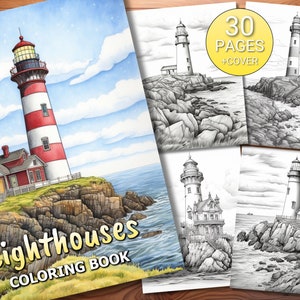 30 Lighthouses Coloring Page Book - Adults + Kids - Instant Download - Grayscale Coloring Page - Printable PDF