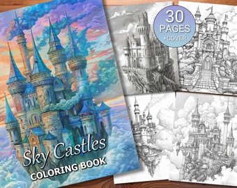Libro de páginas para colorear de 30 Sky Castles - Adultos + Niños - Descarga instantánea - Página para colorear en escala de grises - PDF imprimible
