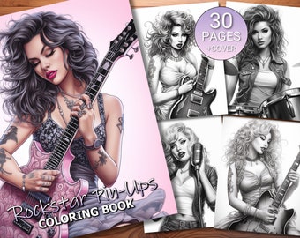 30 Rockstar Pin-Ups Coloring Page Book - Adults + Kids - Instant Download - Grayscale Coloring Page - Printable PDF