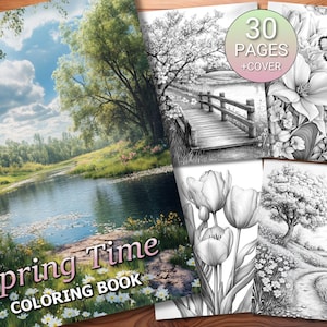 May include: A colouring book with a cover image of a spring scene with a river, trees, and flowers. The title of the book is "Spring Time Colouring Book". The book includes 30 pages of colouring pages.