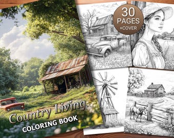 30 Country Living Kolorowanka Strona - Dorośli + Dzieci - Natychmiastowe Pobranie - Kolorowanka Skala Szarości - Wydrukuj PDF