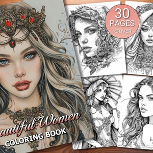 30 Beautiful Women Coloring Page Book - Adults + Kids - Instant Download - Grayscale Coloring Page - Printable PDF