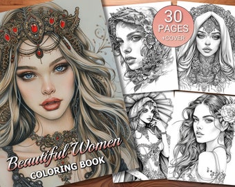 May include: A coloring book featuring 30 pages of intricate black and white illustrations of women with detailed hair, clothing, and accessories. The cover features a woman with a crown and a jeweled necklace. The book is titled "Beautiful Women Coloring Book".