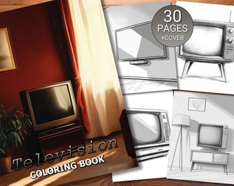30 Television Coloring Page Book - Adults + Kids - Instant Download - Grayscale Coloring Page - Printable PDF