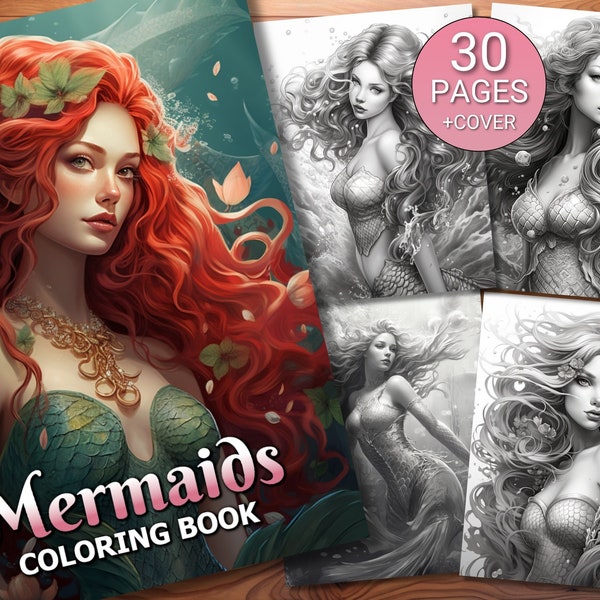 30 Mermaids Coloring Page Book - Adults + Kids - Instant Download - Grayscale Coloring Page - Printable PDF