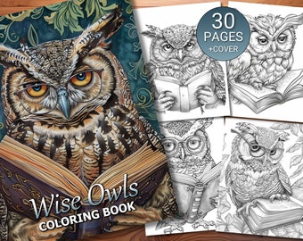 30 Wise Owls Coloring Page Book - Adults + Kids - Instant Download - Grayscale Coloring Page - Printable PDF