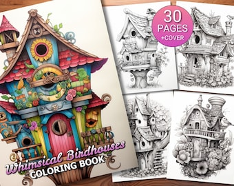 May include: A coloring book featuring whimsical birdhouses. The cover shows a colorful, detailed birdhouse with a red roof, blue walls, and a sunflower on the front. The title "Whimsical Birdhouses Coloring Book" is written in a decorative font. The book includes 30 pages plus a cover.