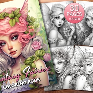 30 Fantasy Fairies Coloring Page Book - Adults + Kids - Instant Download - Grayscale Coloring Page - Printable PDF