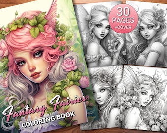 30 Fantasy Fairies Coloring Page Book - Adults + Kids - Instant Download - Grayscale Coloring Page - Printable PDF