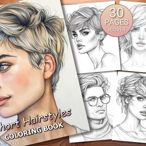 30 Short Hairstyles Coloring Page Book - Adults + Kids - Instant Download - Grayscale Coloring Page - Printable PDF