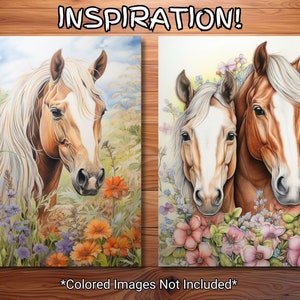May include: Two detailed line art drawings of horses with flowers. The first image shows a light brown horse with a white blaze on its face, surrounded by orange and purple flowers. The second image shows two horses, one light brown with a white blaze and the other a darker brown, with pink and purple flowers.