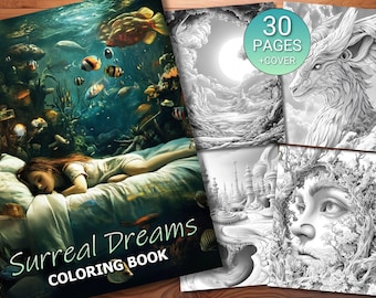 30 Surreal Dreams Coloring Page Book - Adults + Kids - Instant Download - Grayscale Coloring Page - Printable PDF
