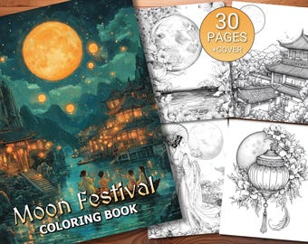 30 Moon Festival Coloring Page Book - Adults + Kids - Instant Download - Grayscale Coloring Page - Printable PDF