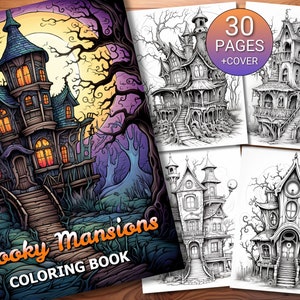 30 Spooky Mansions Coloring Page Book - Adults + Kids - Instant Download - Grayscale Coloring Page - Printable PDF