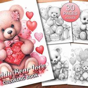 30 Teddy Bear Love Coloring Page Book - Adults + Kids - Instant Download - Grayscale Coloring Page - Printable PDF