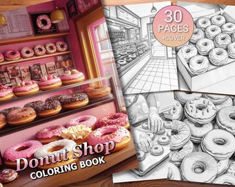 May include: A donut shop coloring book with 30 pages plus a cover. The cover features a colorful illustration of a donut shop display. The book includes black and white line drawings of donuts and shop scenes.