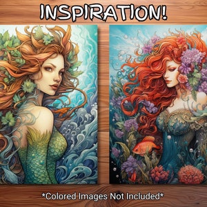 May include: Two digital coloring pages featuring a mermaid with long red hair surrounded by underwater flora and fauna. The mermaid on the left is wearing a green tail and the mermaid on the right is wearing a blue dress. Both mermaids have a fish swimming nearby.