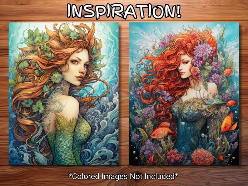 May include: Two digital coloring pages featuring a mermaid with long red hair surrounded by underwater flora and fauna. The mermaid on the left is wearing a green tail and the mermaid on the right is wearing a blue dress. Both mermaids have a fish swimming nearby.