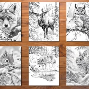 May include: Six black and white art prints featuring wildlife. The prints depict a fox, moose, owl, squirrel, wolf, and rabbit in a snowy forest setting. Each print is a detailed pencil drawing, perfect for coloring or display.