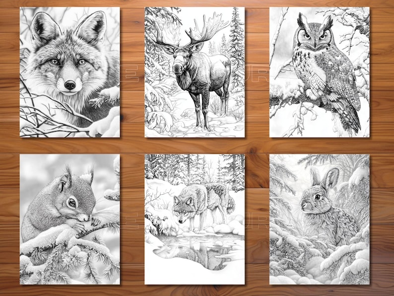 May include: Six black and white art prints featuring wildlife. The prints depict a fox, moose, owl, squirrel, wolf, and rabbit in a snowy forest setting. Each print is a detailed pencil drawing, perfect for coloring or display.