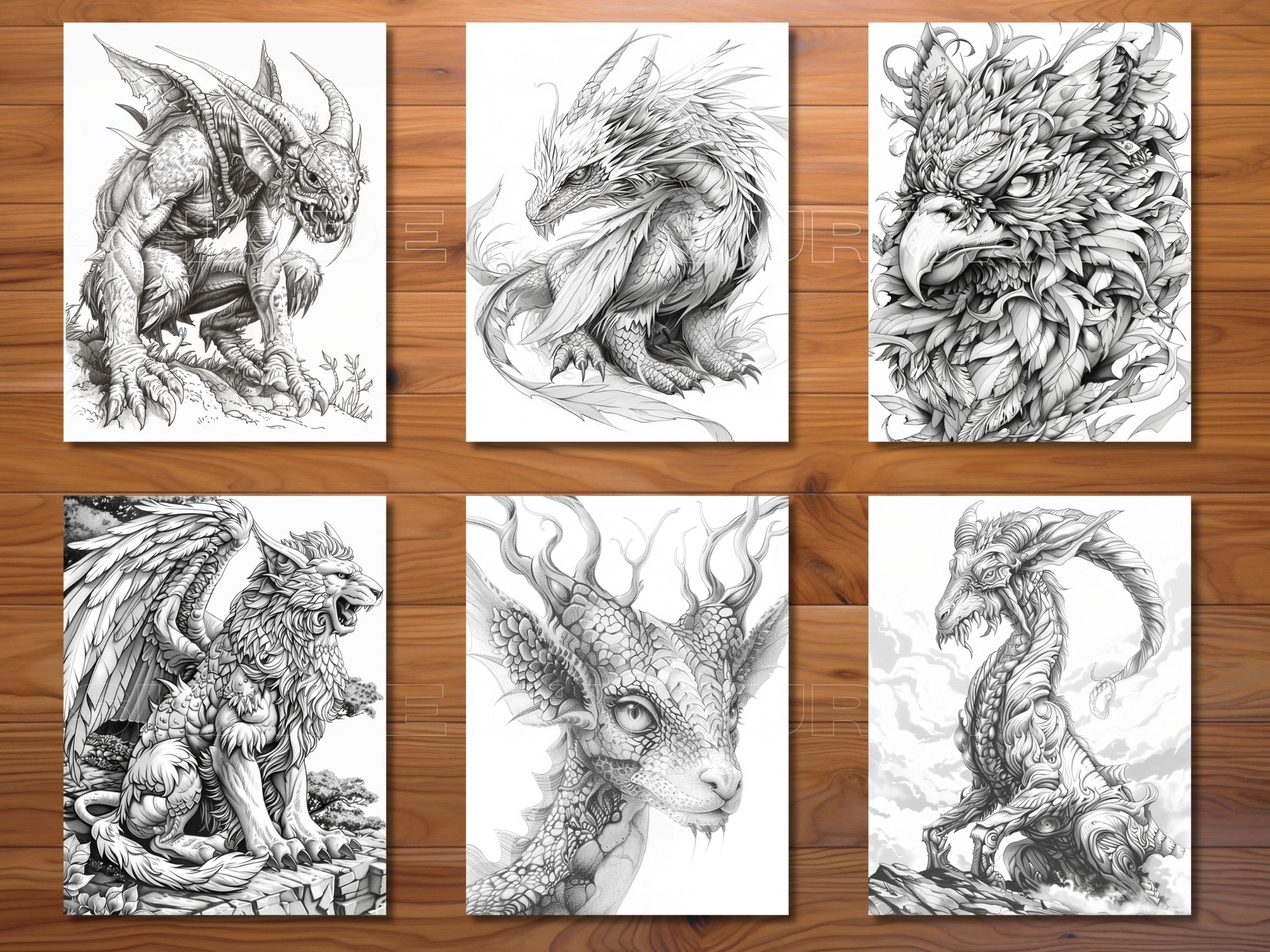 30 Fantasy Beasts Coloring Page Book - Adults + Kids - Instant Download ...