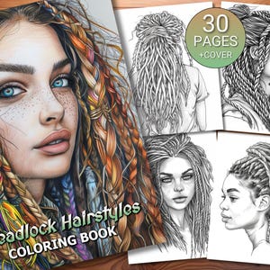 30 Dreadlock Hairstyles Coloring Page Book - Adults + Kids - Instant Download - Grayscale Coloring Page - Printable PDF