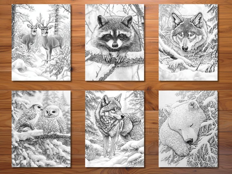 May include: Set of six black and white art prints featuring detailed illustrations of woodland animals in winter settings. Includes deer, a raccoon, a wolf, owls, a bear, and another wolf.