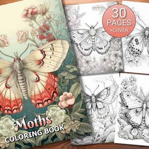 30 Moths Coloring Page Book - Adults + Kids - Instant Download - Grayscale Coloring Page - Printable PDF