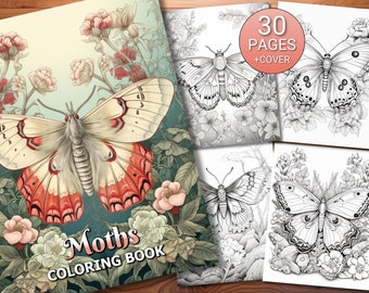30 Moths Coloring Page Book - Adults + Kids - Instant Download - Grayscale Coloring Page - Printable PDF