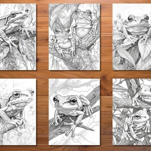May include: Six black and white drawings of frogs sitting on branches. The frogs are drawn in a realistic style with detailed features. The drawings are set against a background of leaves and branches.