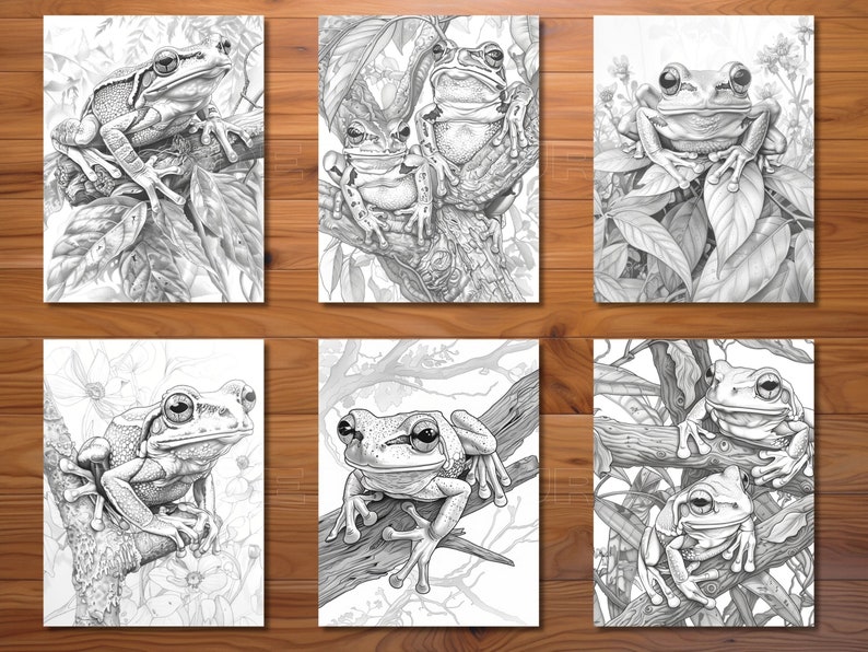 May include: Six black and white drawings of frogs sitting on branches. The frogs are drawn in a realistic style with detailed features. The drawings are set against a background of leaves and branches.