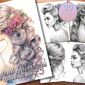 Libro de páginas para colorear de 30 peinados elegantes - Adultos + Niños - Descarga instantánea - Página para colorear en escala de grises - PDF imprimible
