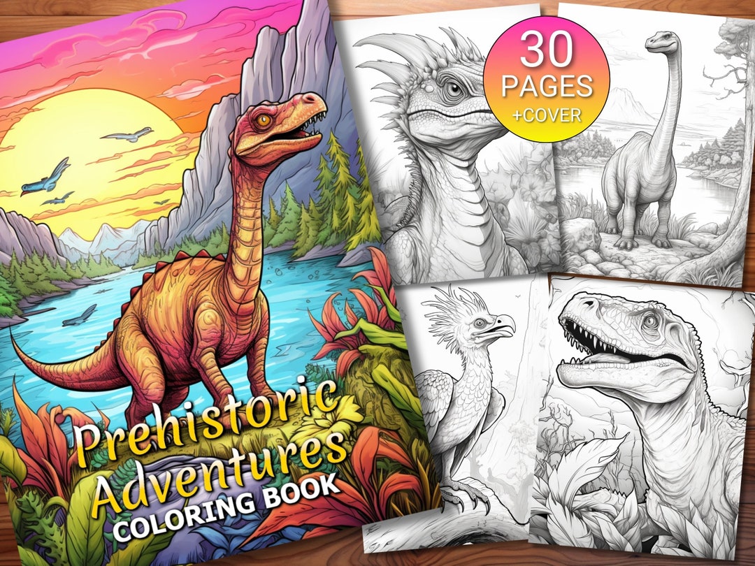 30 Prehistoric Adventures Coloring Page Book - Adults + Kids - Instant