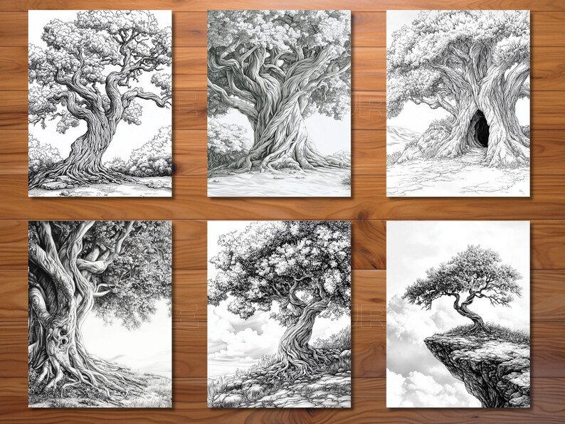 Puede incluir: Seis dibujos en blanco y negro de &aacute;rboles hechos con pluma y tinta. Cada dibujo presenta un &aacute;rbol diferente con ramas y follaje &uacute;nicos. Los &aacute;rboles est&aacute;n dibujados en un estilo realista.