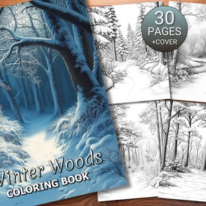 30 Winter Woods Coloring Page Book - Adults + Kids - Instant Download - Grayscale Coloring Page - Printable PDF
