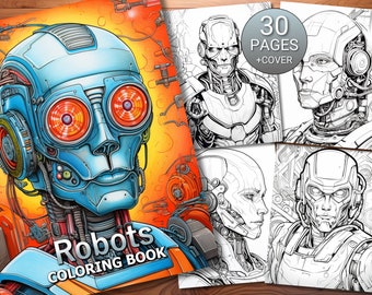 May include: A coloring book cover featuring a robot with red eyes and a blue and orange body. The cover text reads "Robots Coloring Book". The back of the cover shows four black and white robot illustrations.