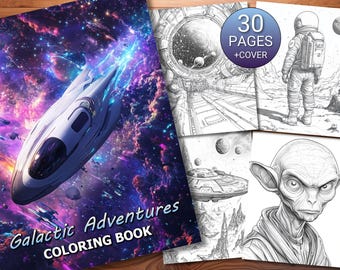Könnte beinhalten: Ein Malbuch mit einem Cover, das ein Raumschiff zeigt, das durch eine Galaxie aus Sternen und Nebeln fliegt. Der Titel des Buches lautet "Galactic Adventures Coloring Book". Das Buch enthält 30 Seiten mit Weltraummotiven zum Ausmalen.