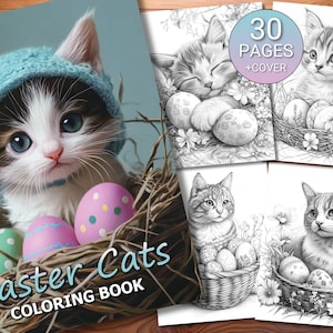 30 Easter Cats Coloring Page Book - Adults + Kids - Instant Download - Grayscale Coloring Page - Printable PDF