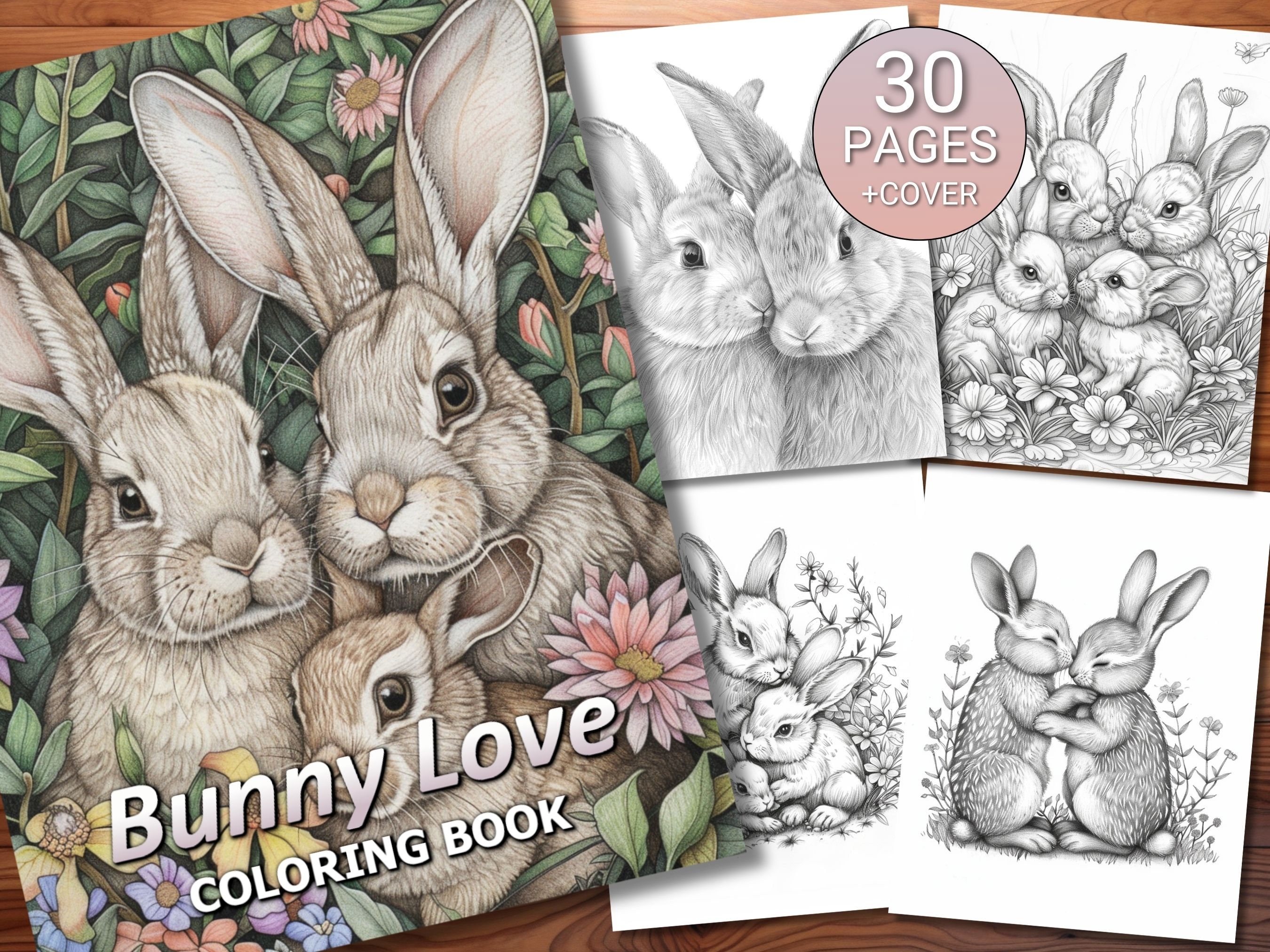 30 Bunny Love Coloring Page Book - Adults + Kids - Instant Download - Grayscale Coloring Page - Printable PDF