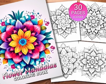 30 Flower Mandalas Coloring Page Book - Adults + Kids - Instant Download - Grayscale Coloring Page - Printable PDF