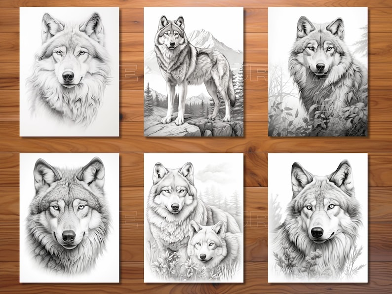 30 Wolves Coloring Page Book Adults Kids Instant Download Grayscale