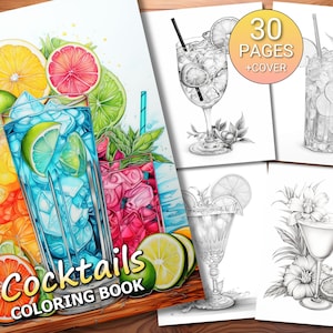 30 Cocktails Coloring Page Book - Adults + Kids - Instant Download - Grayscale Coloring Page - Printable PDF
