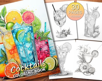 30 Cocktails Coloring Page Book - Adults + Kids - Instant Download - Grayscale Coloring Page - Printable PDF