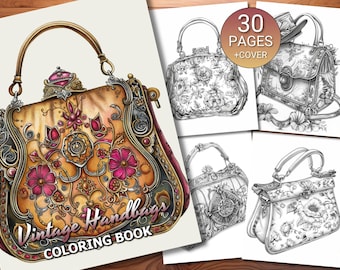 30 Vintage Handtaschen Malseiten Buch - Erwachsene + Kinder - Sofortiger Download - Graustufen Malseite - Druckbare PDF
