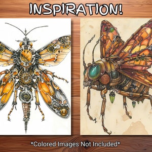 Puede incluir: Dos ilustraciones detalladas de insectos de estilo steampunk con engranajes intrincados y alas met&aacute;licas. El primer insecto es una lib&eacute;lula con alas naranja y amarillas, el segundo es un escarabajo con alas marrones y naranjas.