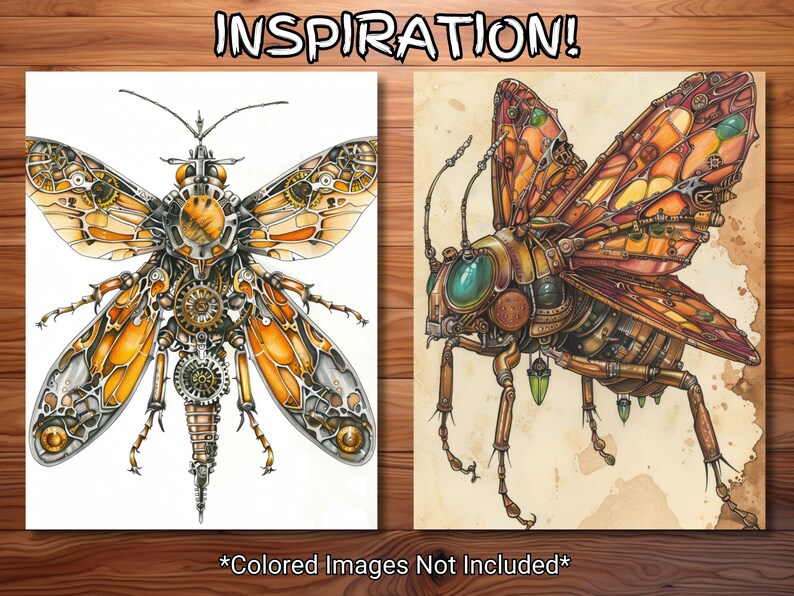 Puede incluir: Dos ilustraciones detalladas de insectos de estilo steampunk con engranajes intrincados y alas met&aacute;licas. El primer insecto es una lib&eacute;lula con alas naranja y amarillas, el segundo es un escarabajo con alas marrones y naranjas.